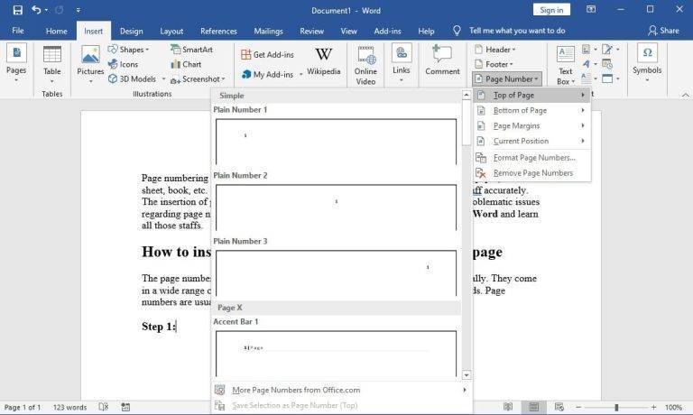 how do i put page numbers in word