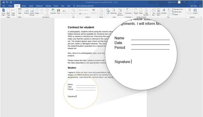 microsoft word add signature