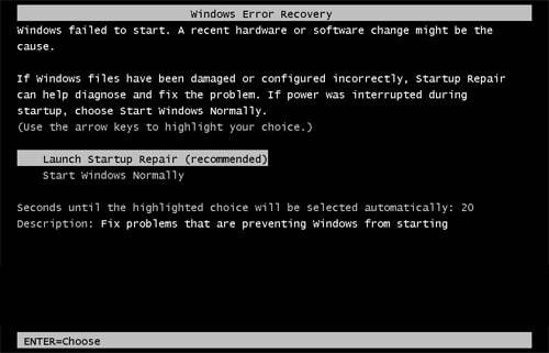 Windows error recovery page