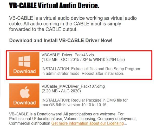 VB cable virtual audio device