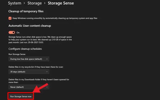 Run Storage Sense box