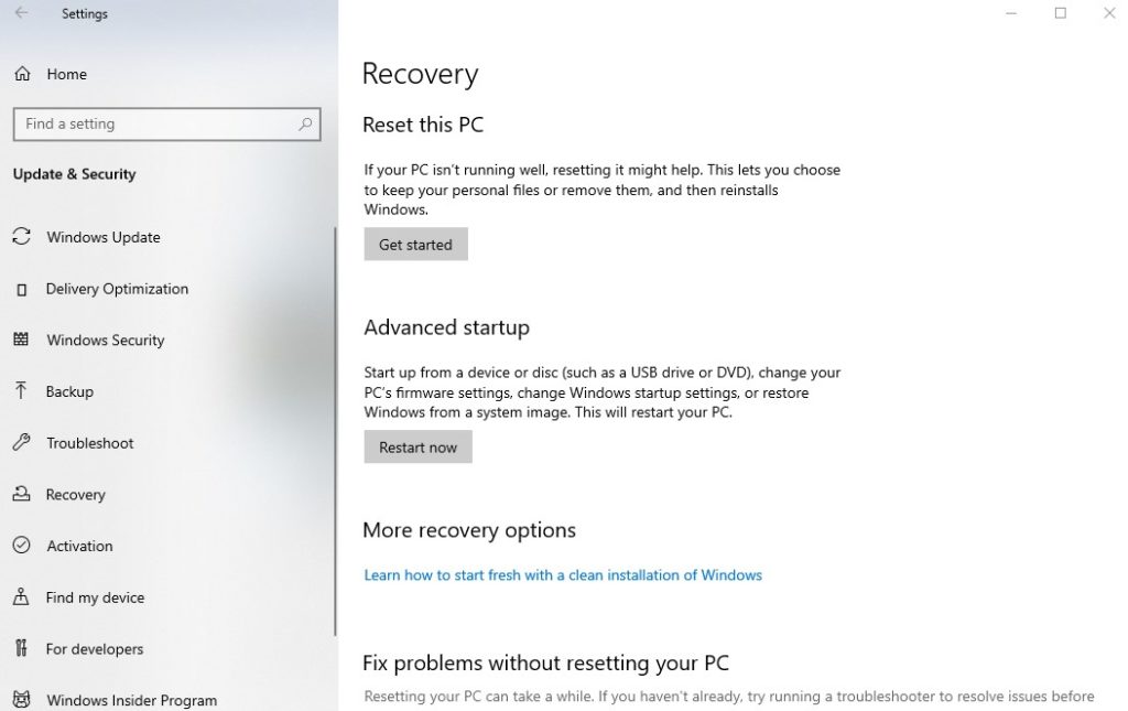 You may also access it by hitting the Windows Key + X and choosing Settings from the pop-up box that appears when you do so. Once you're on the new page, select Update & Security and afterwards Recovery.